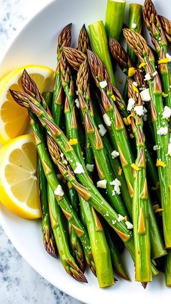 A beautiful serving of roasted asparagus with lemon zest and garlic, garnished with Parmesan cheese on a white plate.